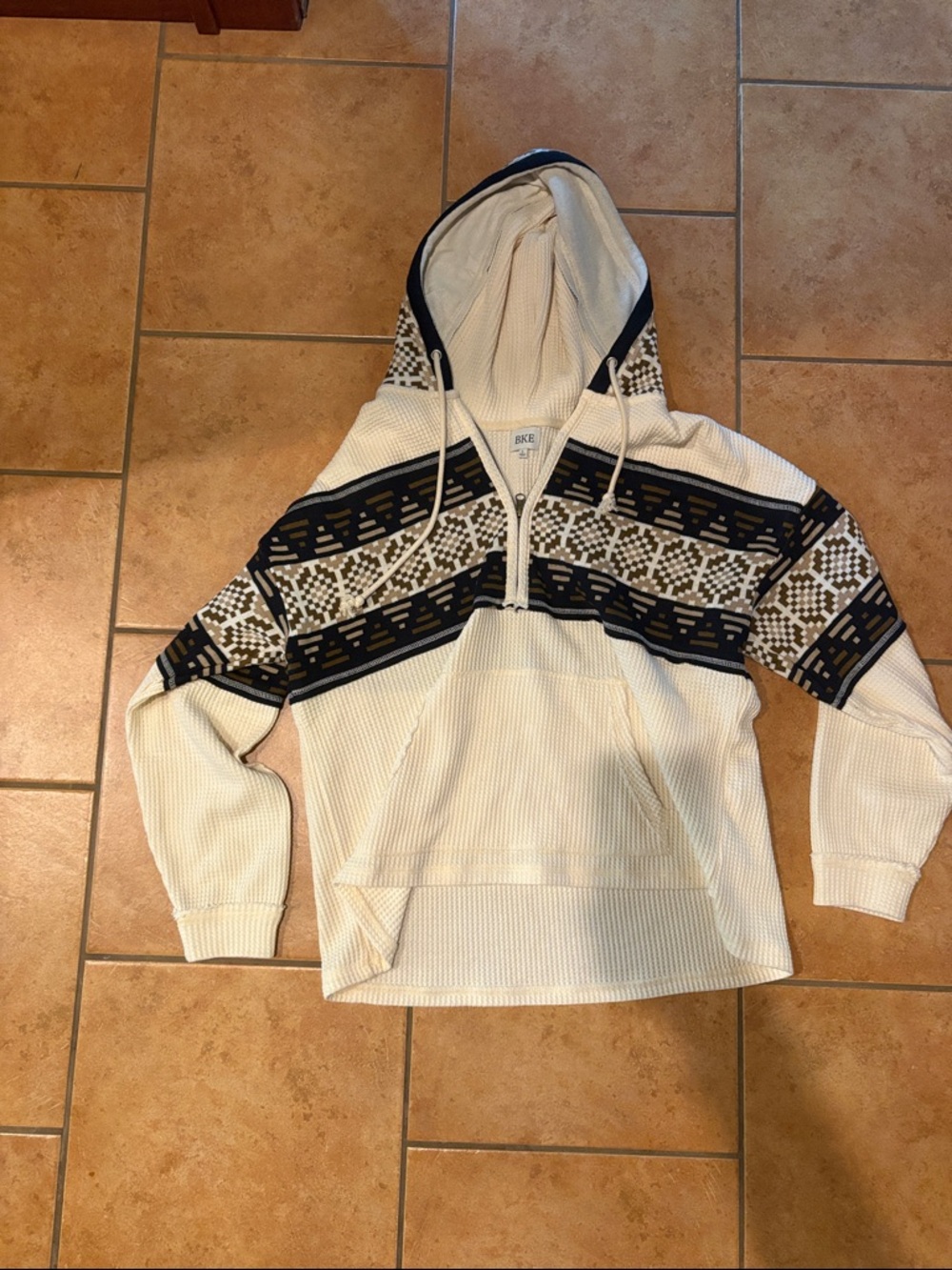 BKE Cream Hooded Half-Zip Sweater with Navy & Brown Pattern